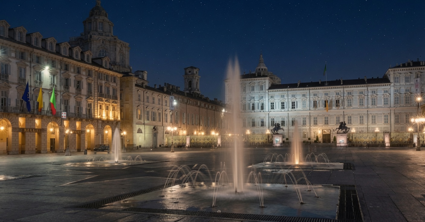 Piazza Castello a Torino illuminata di notte con le fontane in primo piano