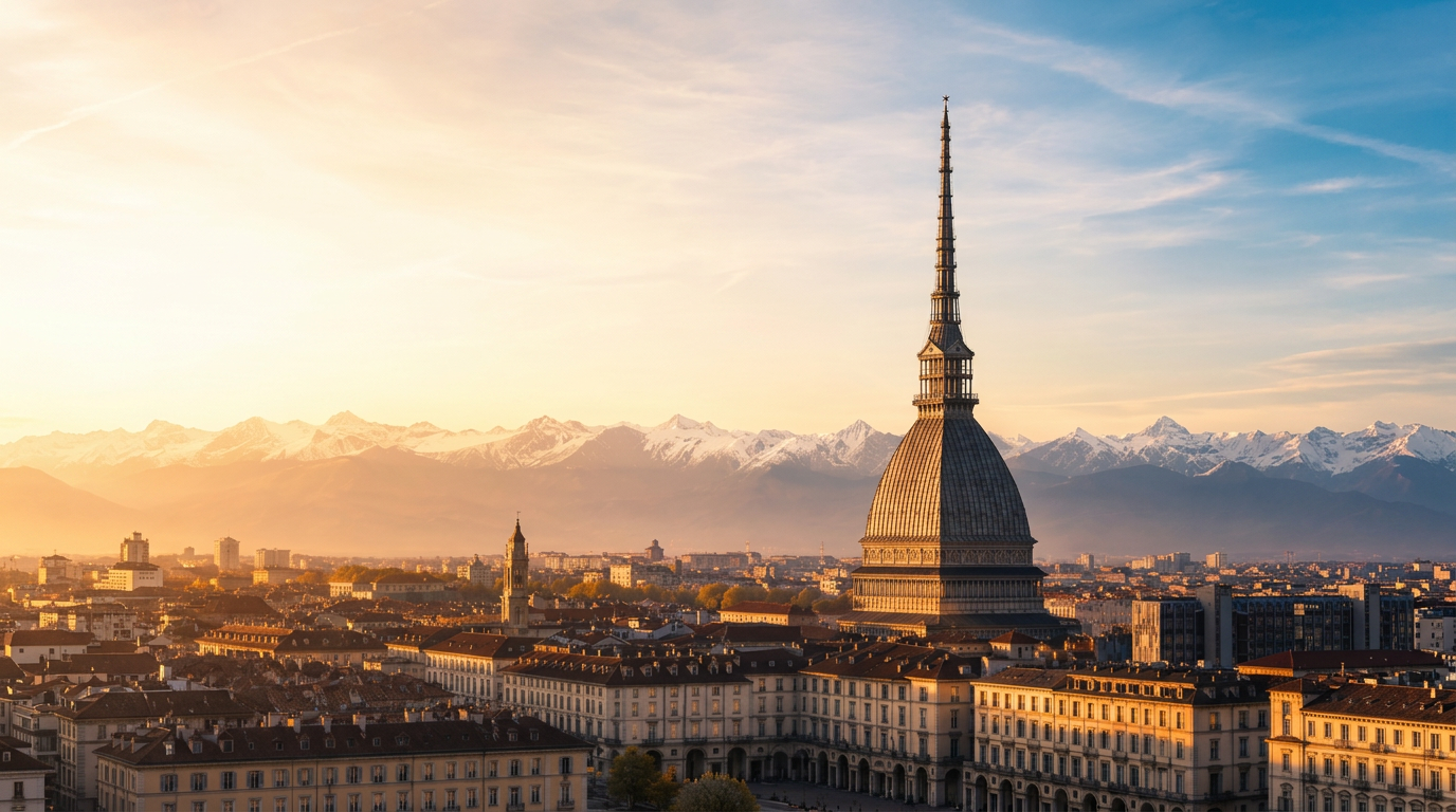 Panorama di Torino al tramonto con la Mole Antonelliana